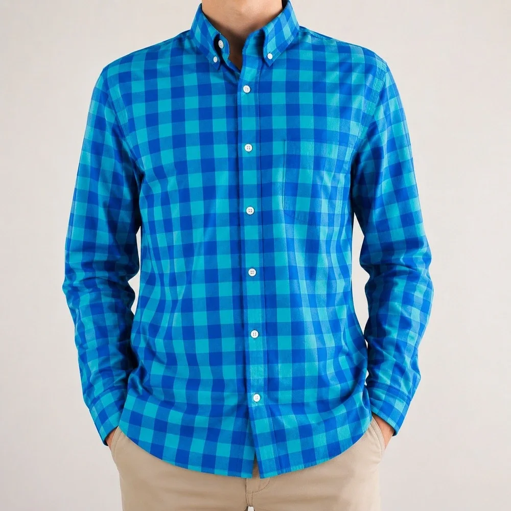 J.Crew Mens Slim Fit Flex Washed Gingham Button Down Shirt Blue Teal Medium